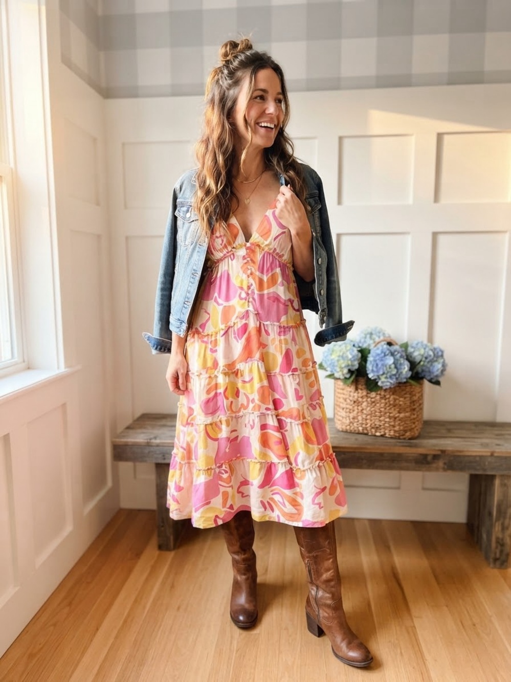 Storia Pink and Yellow Swirl Tiered Midi Dress Small